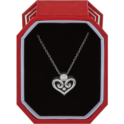 Brighton silver-plated heart pendant necklace with crystal accent and scroll detail in a red gift box