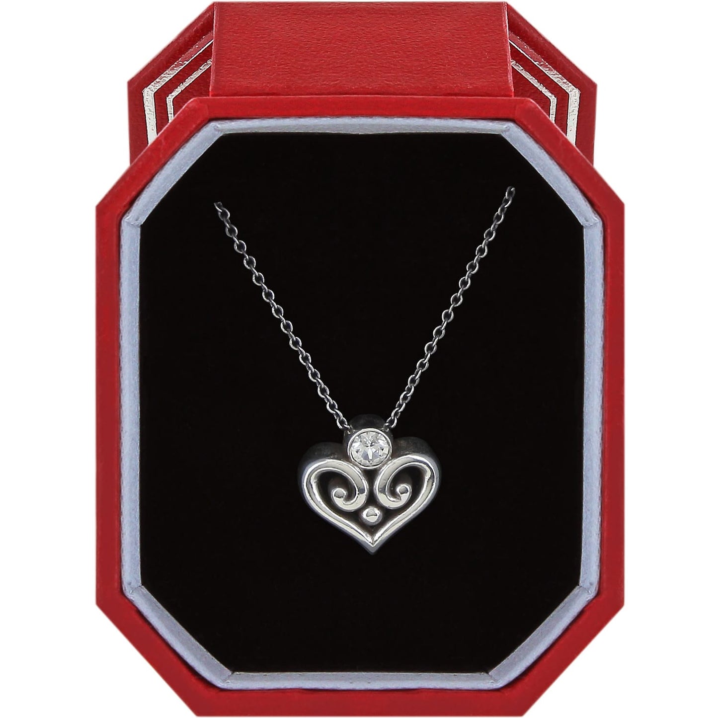 Brighton silver-plated heart pendant necklace with crystal accent and scroll detail in a red gift box