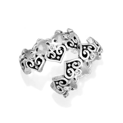 Brighton silver-plated ring with heart-shaped scroll filigree design and crystal accents on a white background