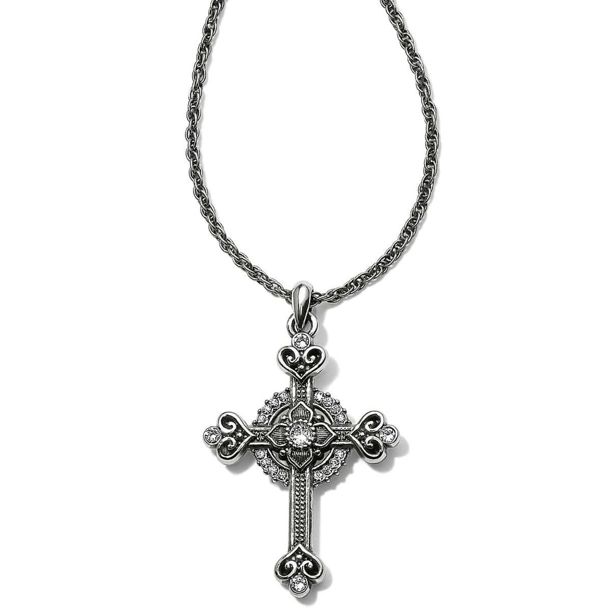Brighton pendant necklace with ornate silver-plated cross, crystal accents, and rope chain on a white background