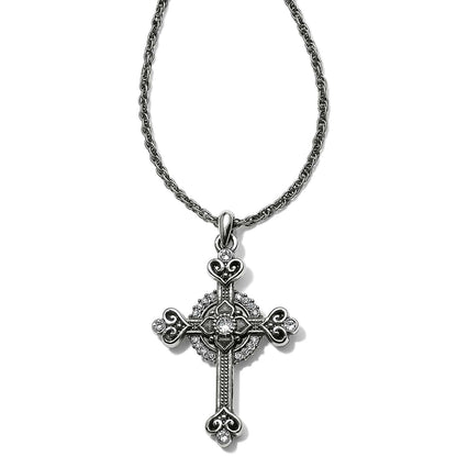 Brighton pendant necklace with ornate silver-plated cross, crystal accents, and rope chain on a white background