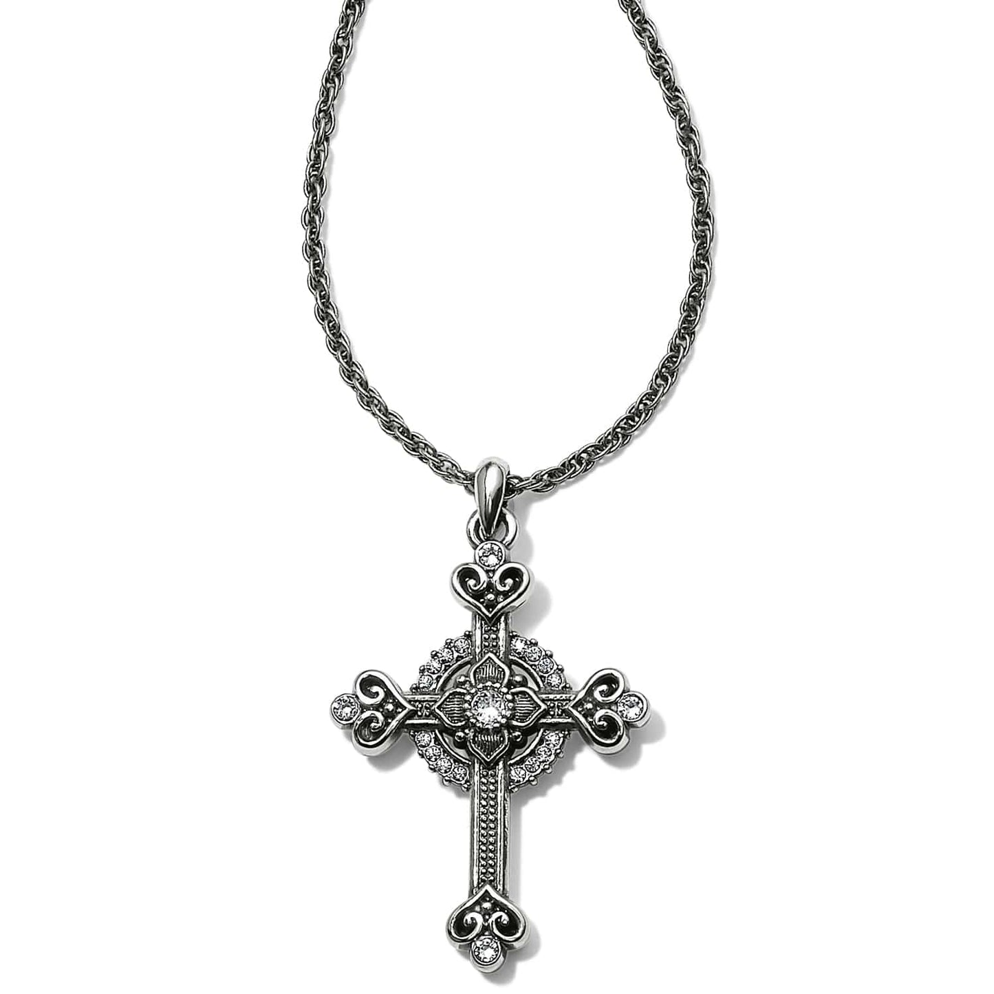 Brighton pendant necklace with ornate silver-plated cross, crystal accents, and rope chain on a white background