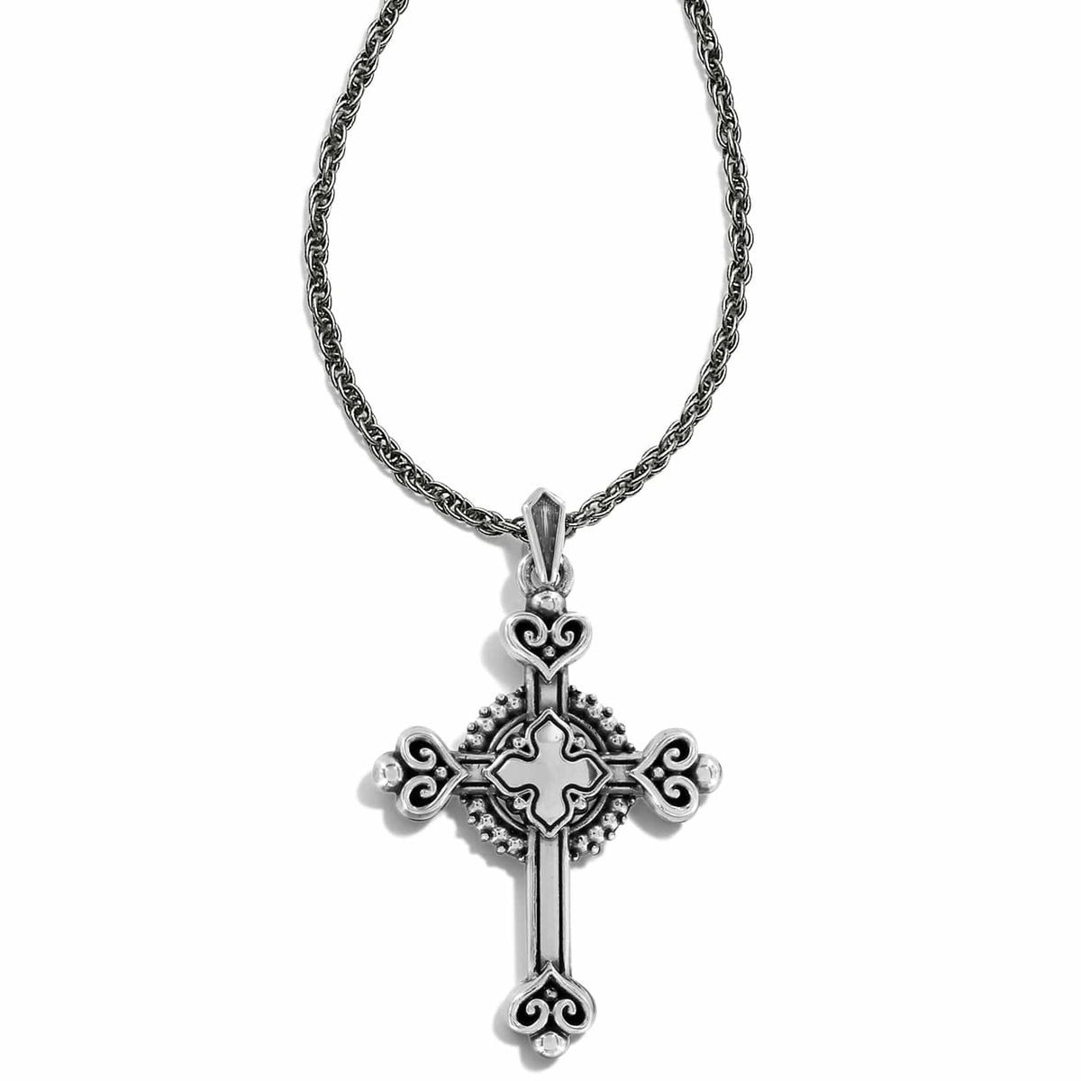Brighton pendant necklace with silver-plated ornate cross featuring scrollwork and beaded detail on a white background