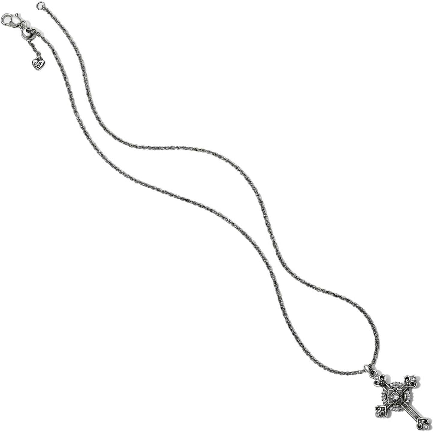 Brighton silver-plated cross pendant necklace with crystal accents and adjustable rope chain on a white background
