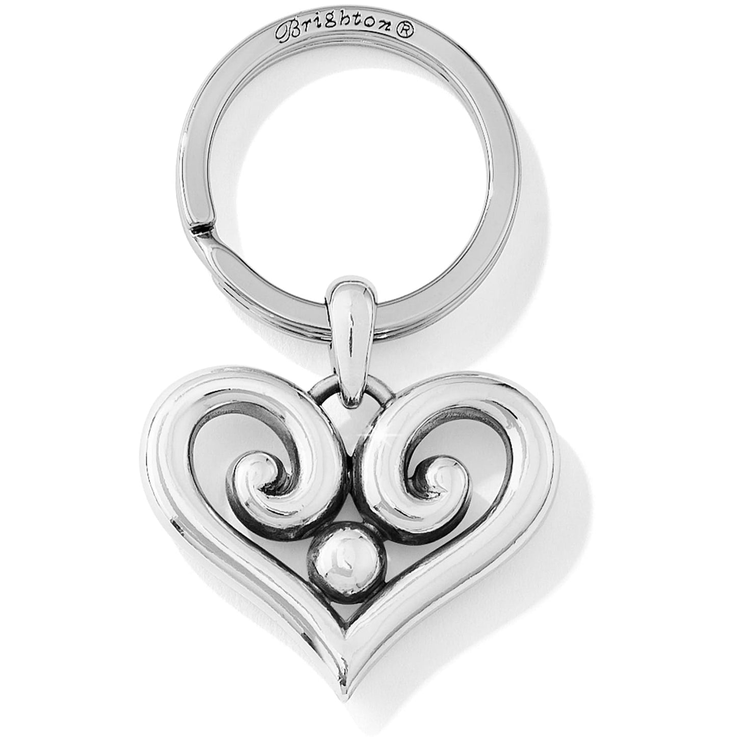 Brighton heart key fob with silver-plated scroll design and split ring on a white background