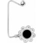 Brighton silver-tone bag hook with scrolled top and black flower-shaped medallion base on a white background