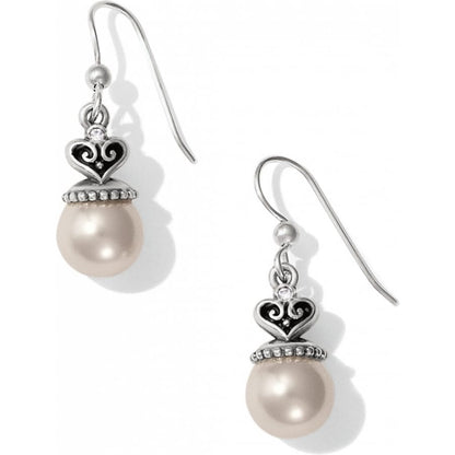 Brighton drop earrings with white pearls and silver-plated heart-shaped caps with crystal accents on a white background