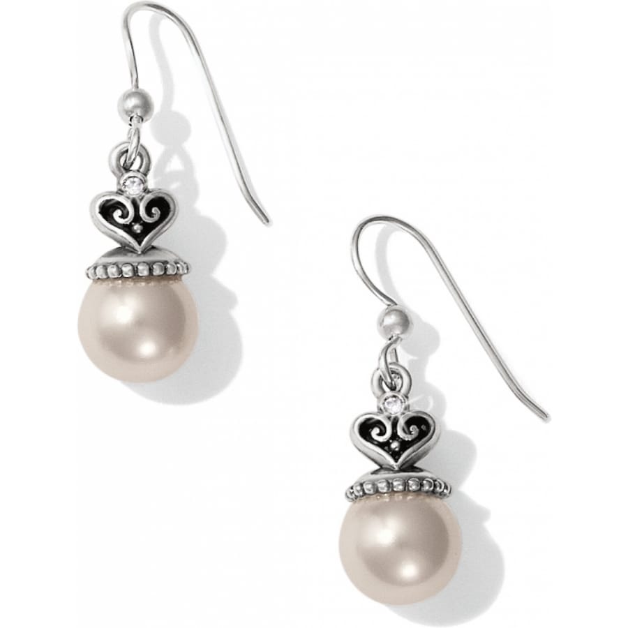 Brighton drop earrings with white pearls and silver-plated heart-shaped caps with crystal accents on a white background