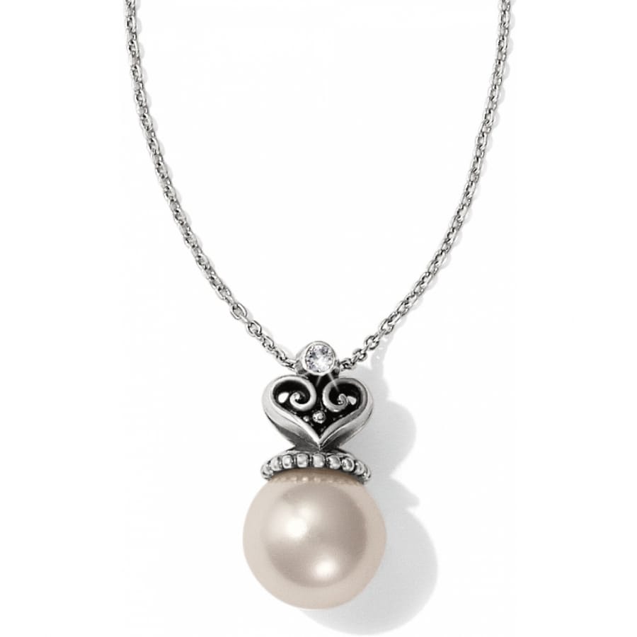 Brighton pendant necklace with large pearl, silver-plated heart filigree, and crystal accent on a white background