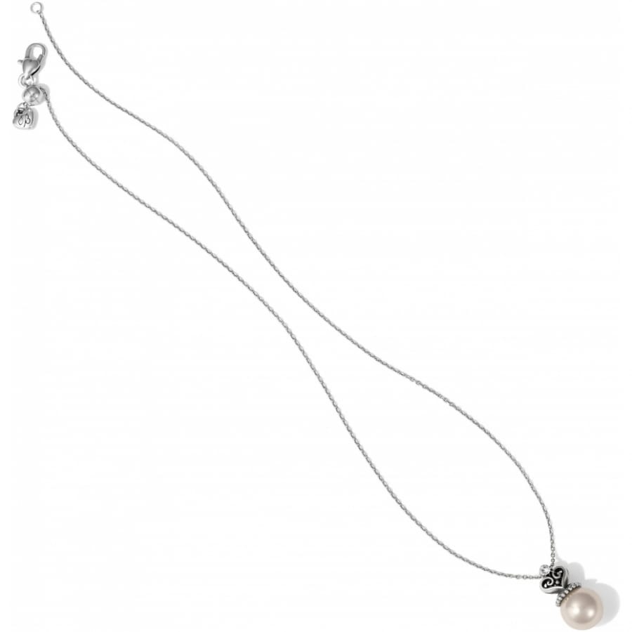 Brighton pendant necklace with pearl drop, silver-plated scroll heart accent, and lobster clasp on a white background