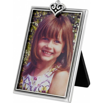 Brighton silver-plated picture frame with beaded border and scrolled heart crest with crystal accent on a white background