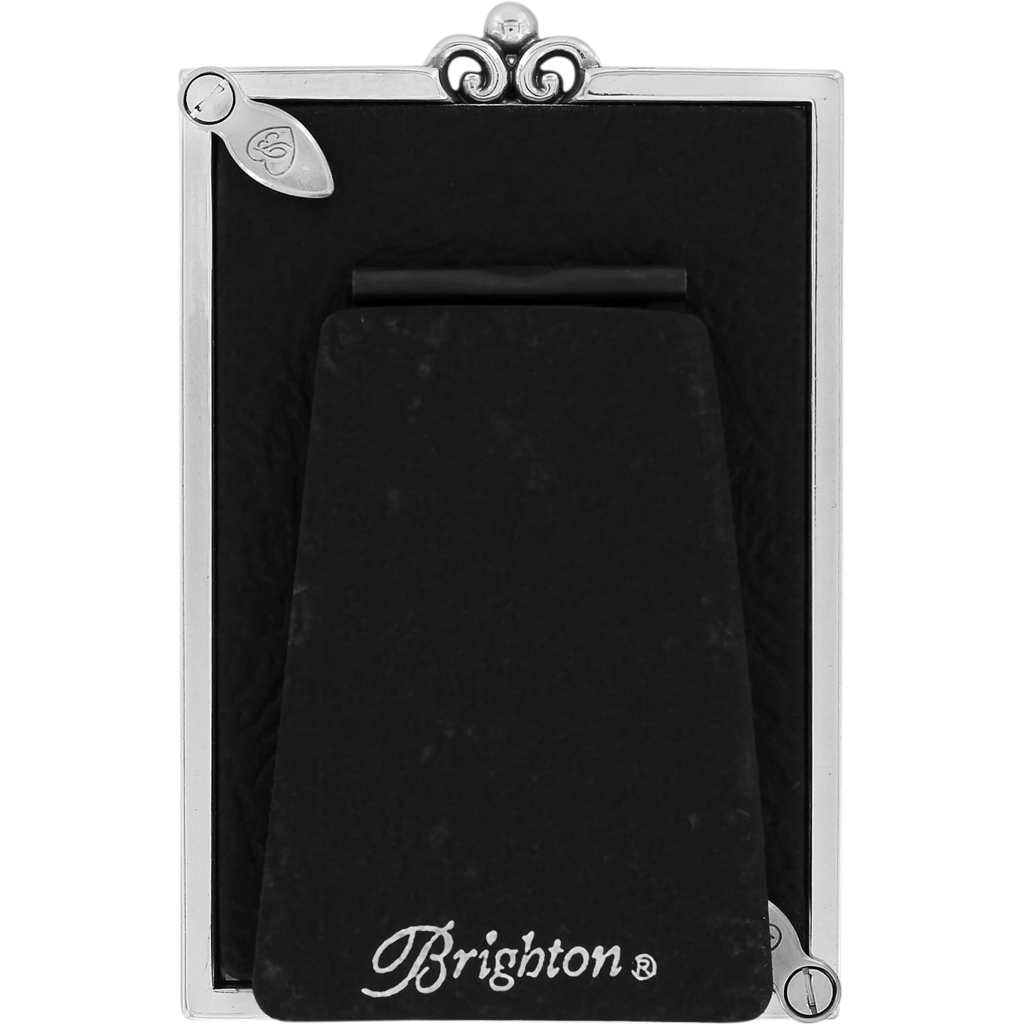 Brighton picture frame shown from the back with silver-plated ornate scroll crest and easel stand on a white background