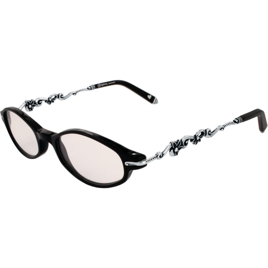 Brighton eyeglasses with black oval frames and silver-tone scrollwork temples with floral detailing on a white background
