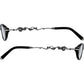 Brighton eyeglass frames with black temples and ornate silver-tone floral scrollwork detailing, shown from both sides on a white background