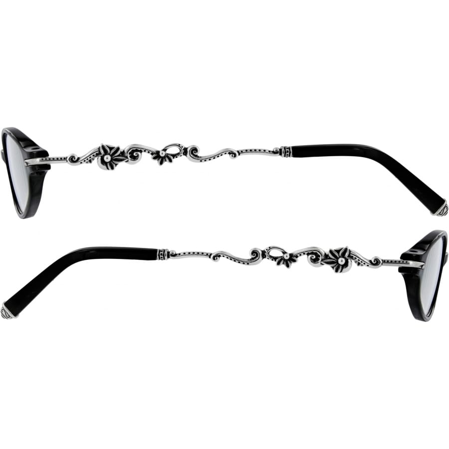 Brighton eyeglass frames with black temples and ornate silver-tone floral scrollwork detailing, shown from both sides on a white background