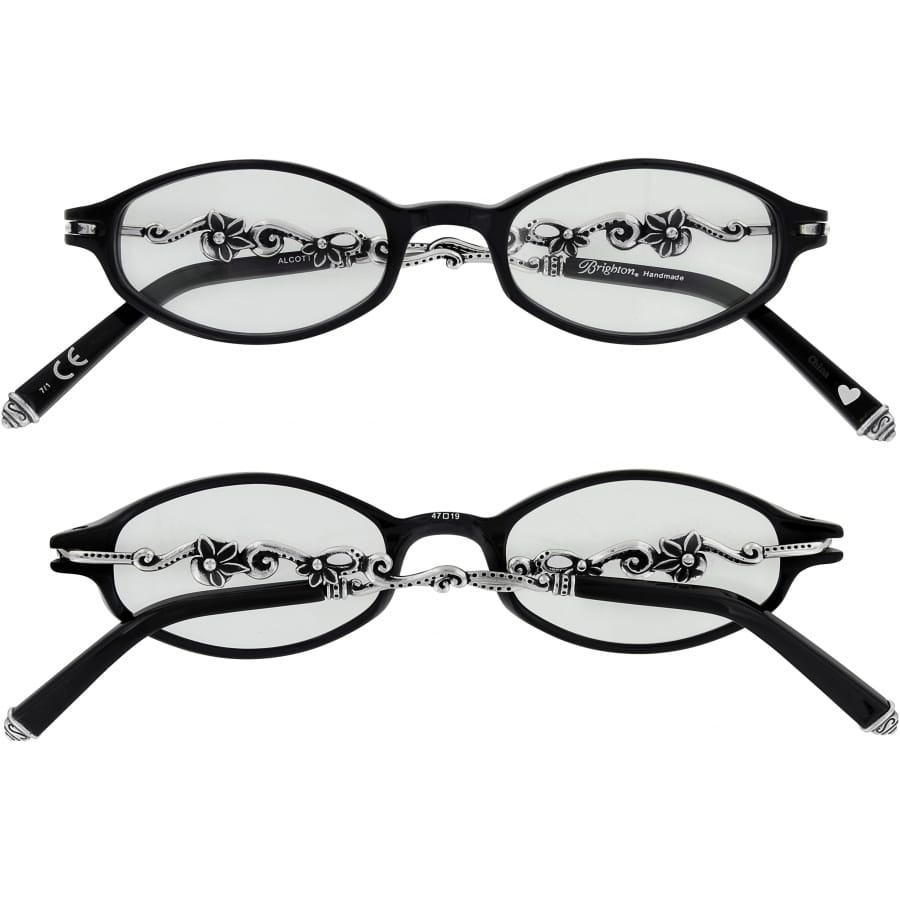 Brighton oval eyeglass frames in black with silver-tone floral scrollwork detailing on temples, shown from two angles on a white background