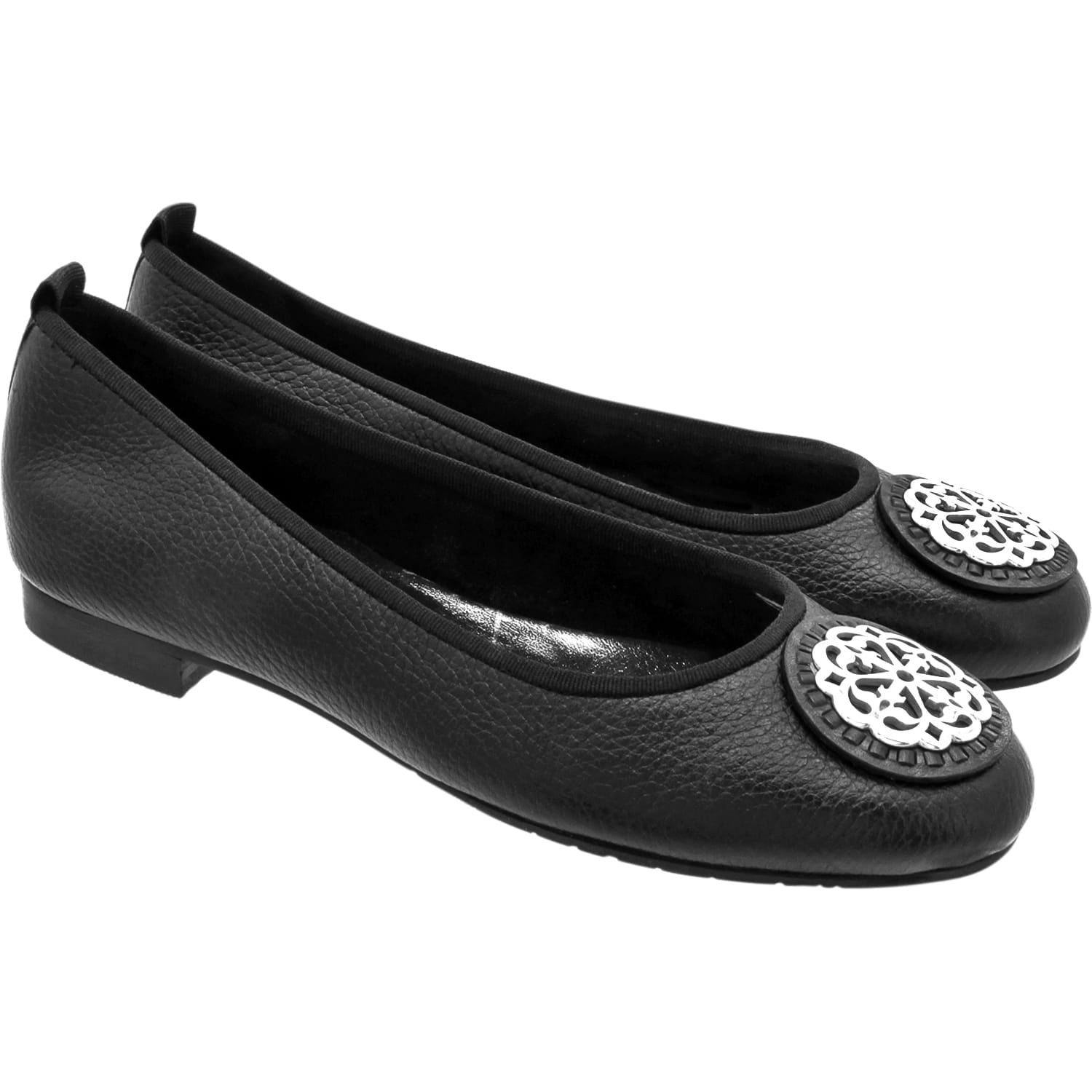Brighton black leather ballet flats with silver-tone medallion ornament and pebbled texture on a white background