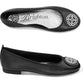 Brighton black leather ballet flats with silver-tone medallion accent shown from top and side views on a white background