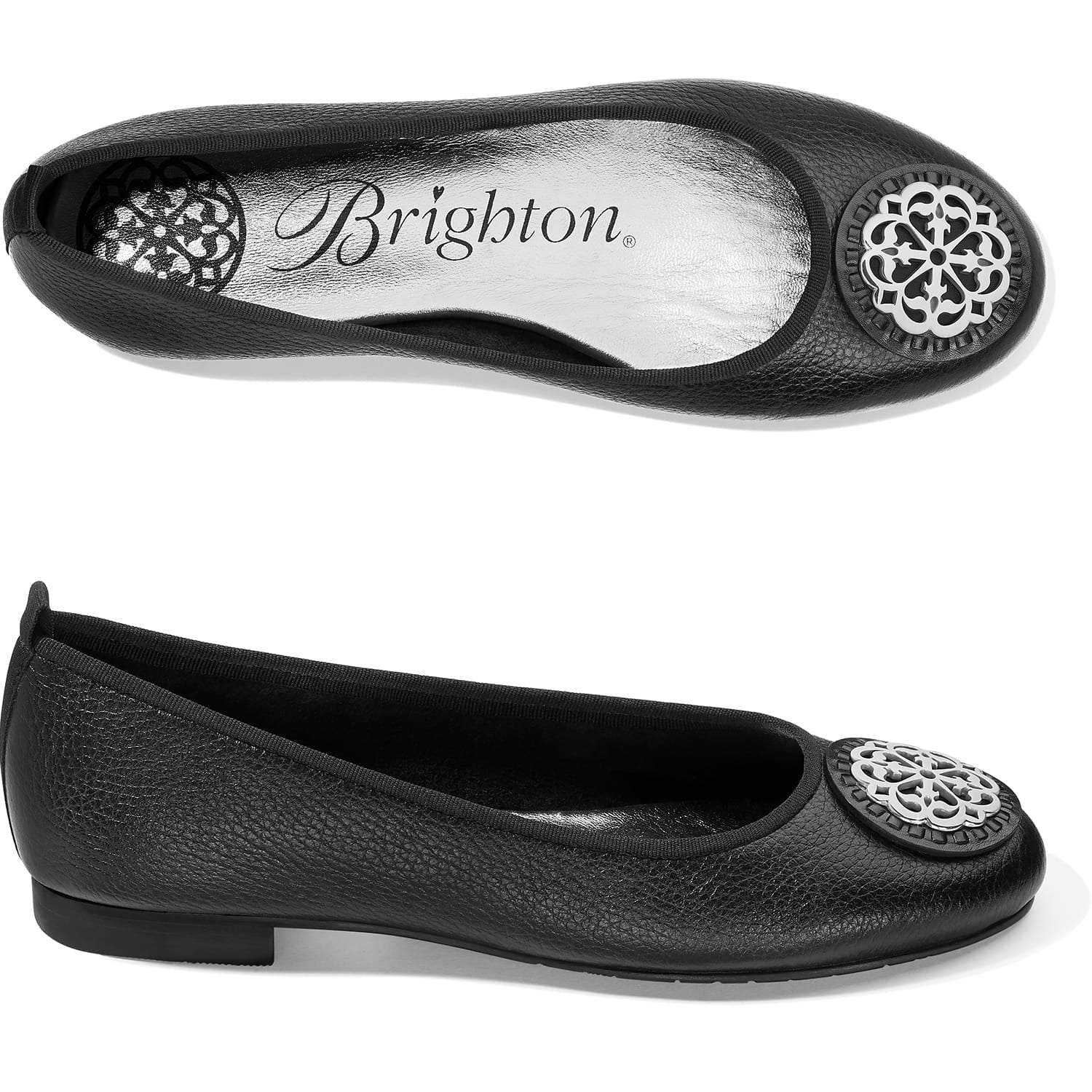 Brighton black leather ballet flats with silver-tone medallion accent shown from top and side views on a white background