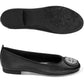 Brighton black leather ballet flats with silver-tone medallion accent and patterned sole shown from two angles on a white background