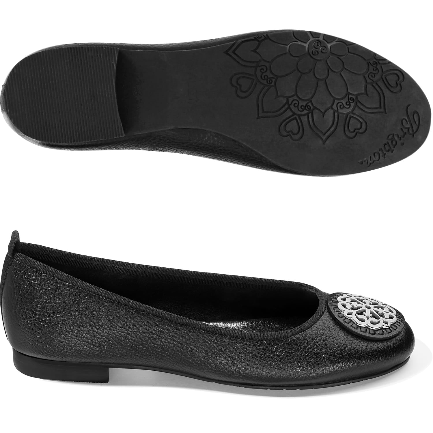 Brighton black leather ballet flats with silver-tone medallion accent and patterned sole shown from two angles on a white background