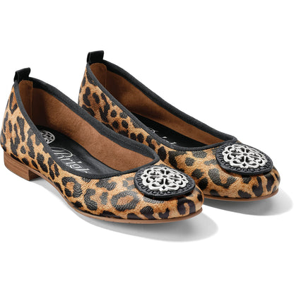 Brighton leopard print ballet flats with silver-tone medallion accents and black trim on a white background