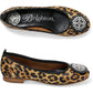 Brighton leopard print ballet flats with silver-tone medallion ornament and black trim, top and side views on a white background