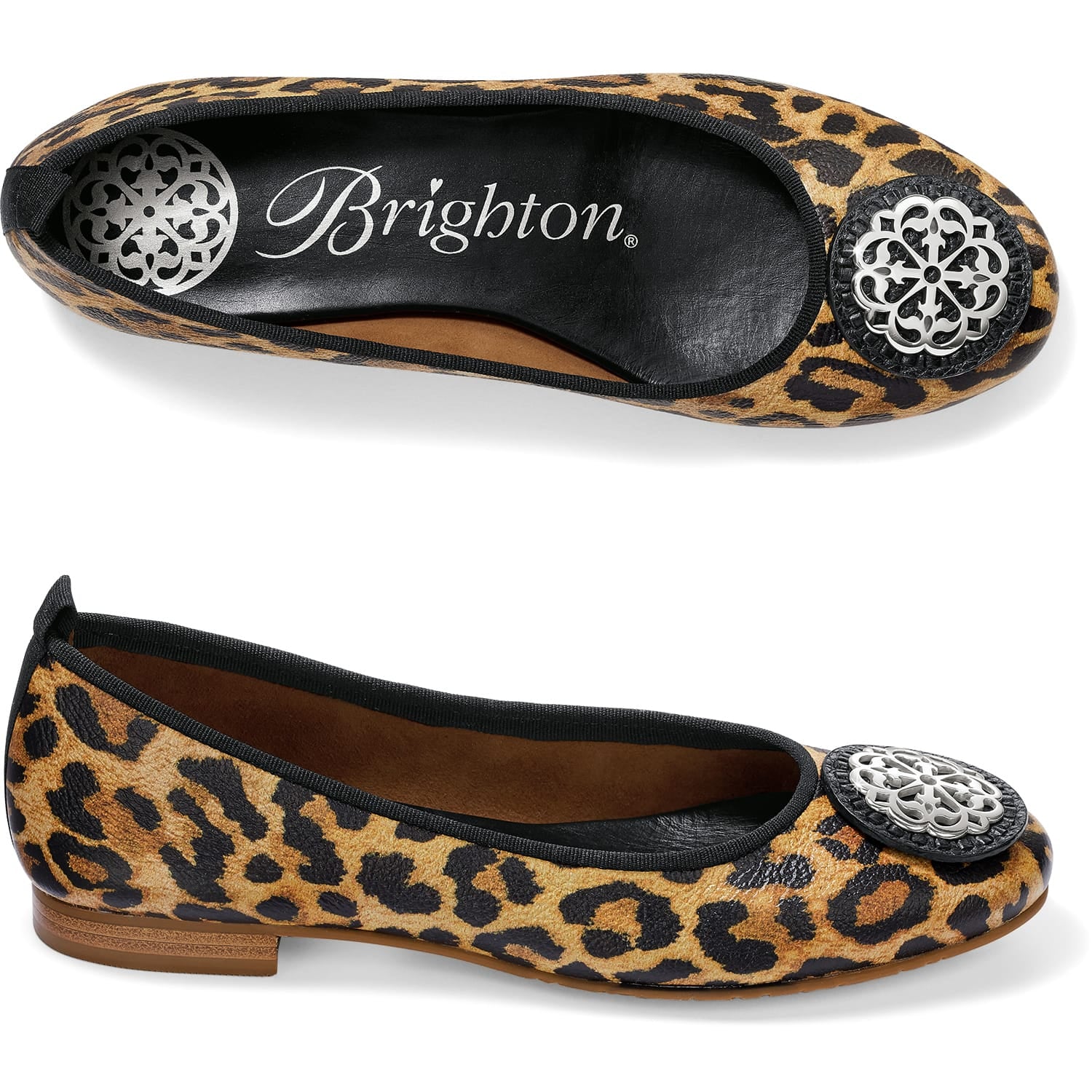Brighton leopard print ballet flats with silver-tone medallion ornament and black trim, top and side views on a white background