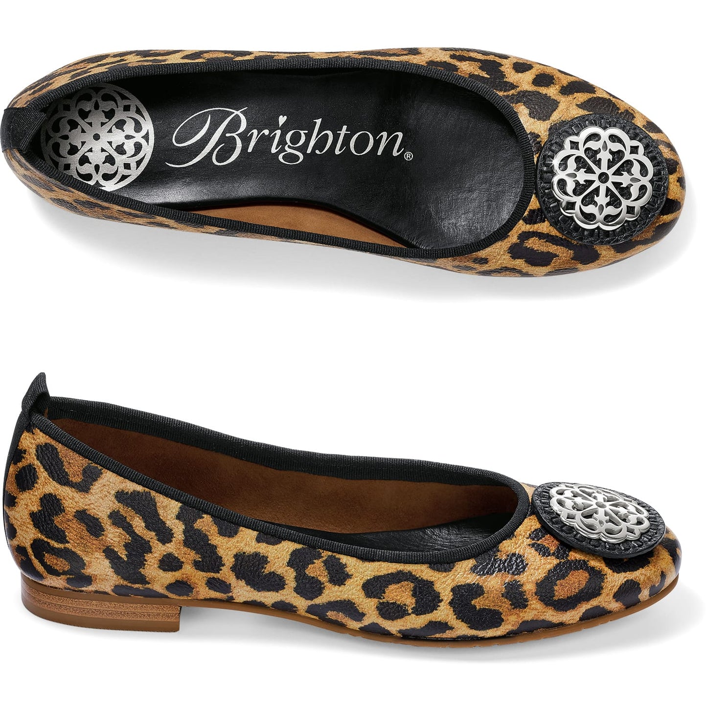 Brighton leopard print ballet flats with silver-tone medallion ornament and black trim, top and side views on a white background