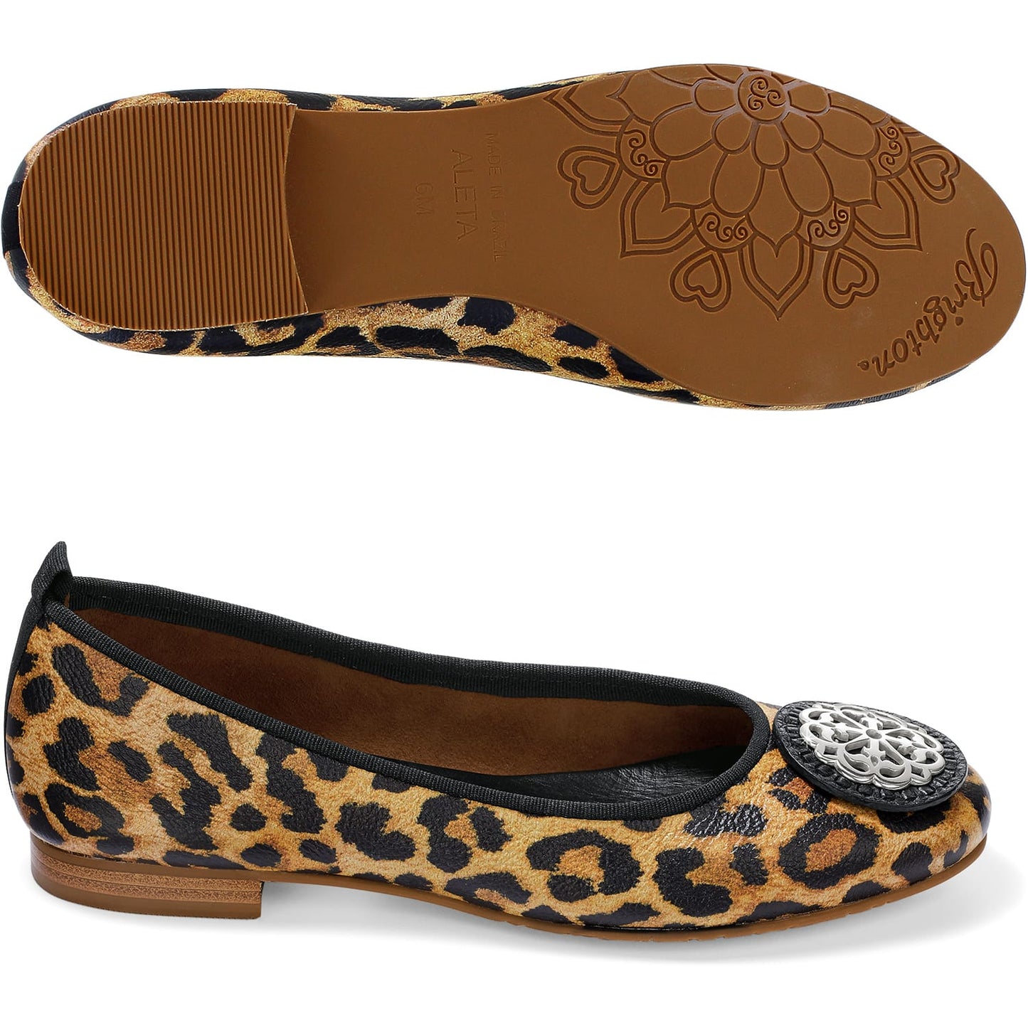 Brighton leopard-print ballet flats with silver-tone medallion ornament, shown with side and sole views on a white background