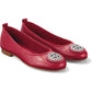 Brighton red leather ballet flats with silver-tone medallion accents and pebbled texture on a white background