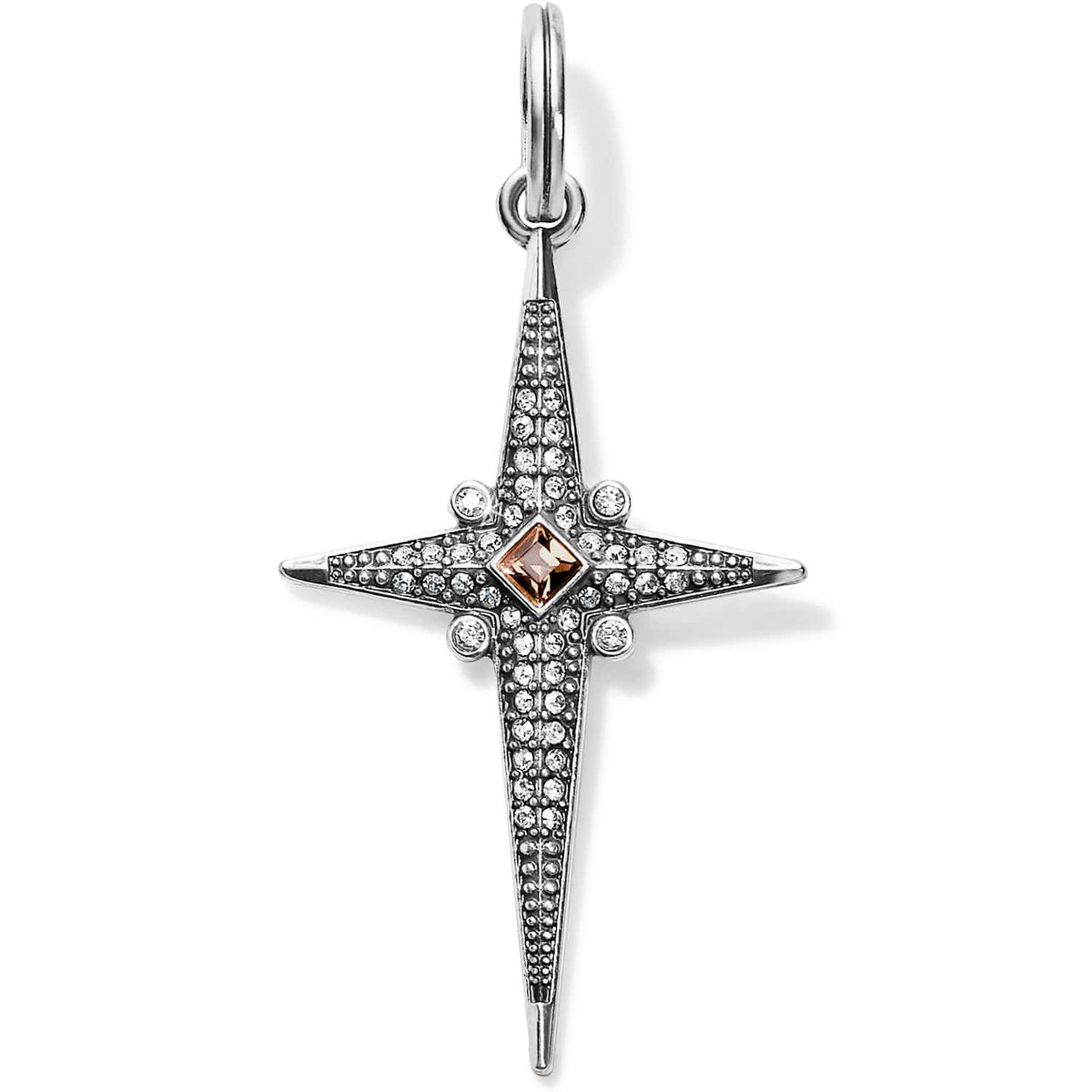 Brighton cross charm pendant with silver-plated finish, pave crystals, and central champagne square stone on a white background