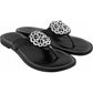 Brighton black leather thong sandals with silver-tone ornate medallion accents and contrast stitching on a white background