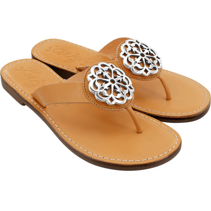 Brighton tan leather thong sandals with silver-tone ornate medallion accents and stitched edges on a white background
