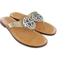 Brighton thong sandals in tan leather with gold straps and silver-tone ornate medallion accents on a white background
