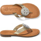 Brighton gold-tone leather thong sandals with silver-tone medallion ornament and tan footbed on a white background