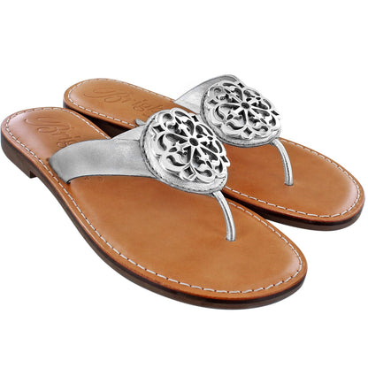 Brighton silver thong sandals with ornate round medallion accents and tan leather footbeds on a white background
