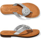Brighton silver thong sandals with ornate silver-tone medallion accent and tan leather footbed on a white background