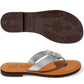 Brighton silver thong sandals with round medallion accent and brown patterned sole shown from two angles on a white background