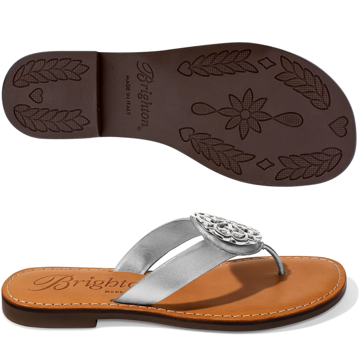 Brighton silver thong sandals with round medallion accent and brown patterned sole shown from two angles on a white background