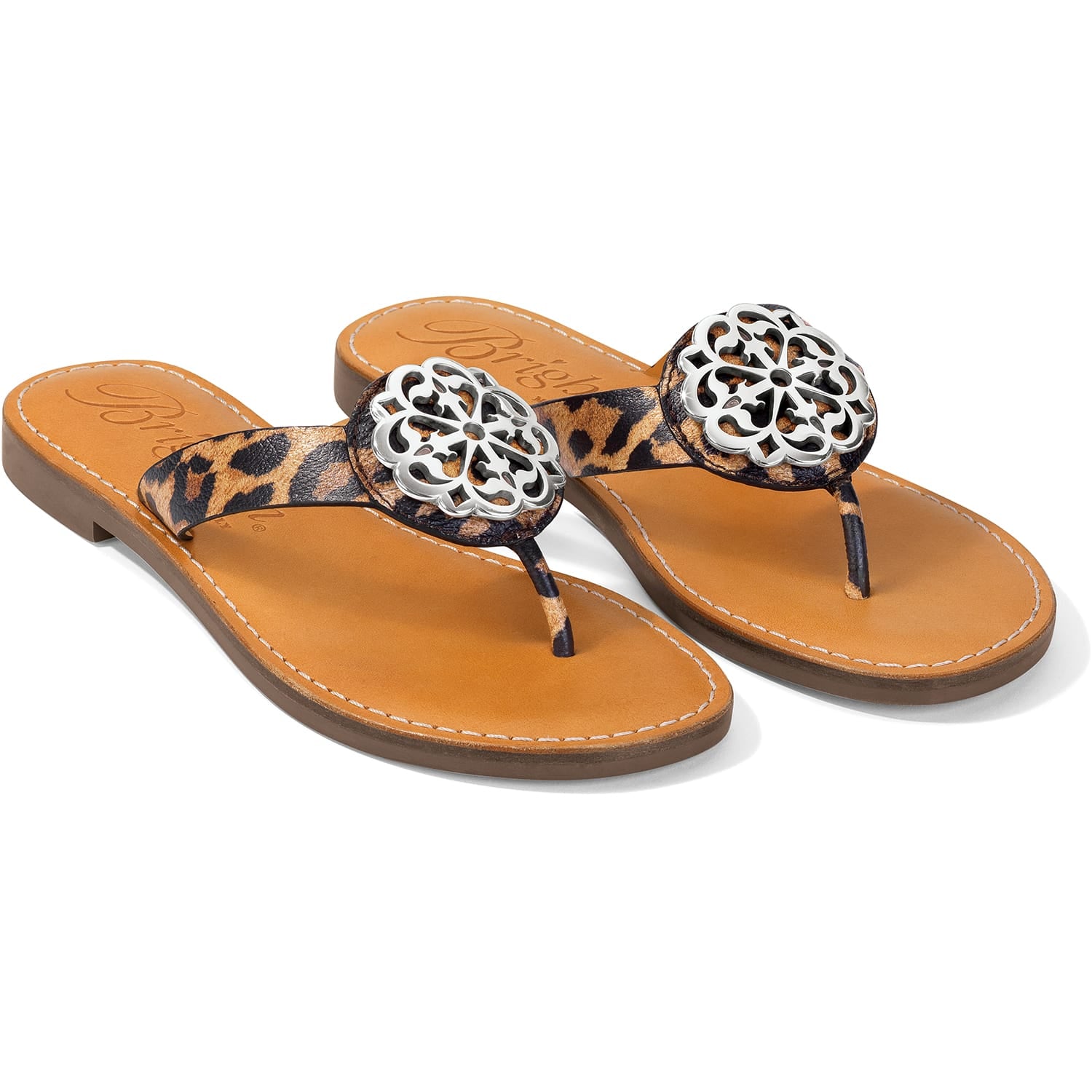 Brighton thong sandals with leopard print straps and silver-tone medallion accents on a white background