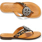 Brighton thong sandals with leopard print straps and silver-tone medallion accents shown from two angles on a white background