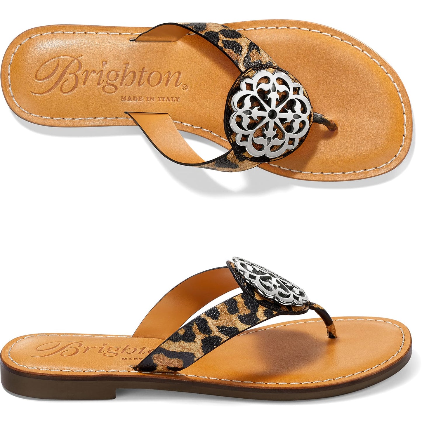 Brighton thong sandals with leopard print straps and silver-tone medallion accents shown from two angles on a white background