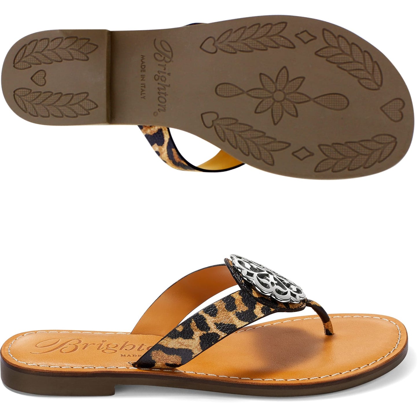 Brighton leopard print thong sandals with silver-tone medallion accent shown with patterned sole view on a white background