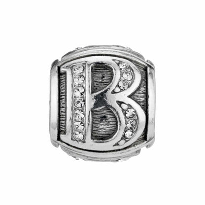 Brighton silver-plated charm bead with letter B design and crystal accents on a white background