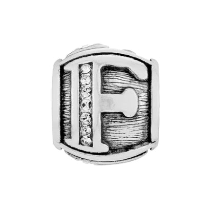 Brighton silver-plated letter F charm bead with crystal accents and textured detailing on a white background