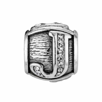 Brighton silver-plated charm bead with letter J and crystal accents on a white background