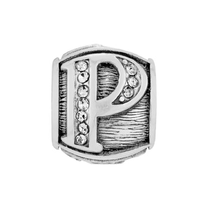 Brighton silver-plated letter P charm bead with crystal accents and textured side panels on a white background
