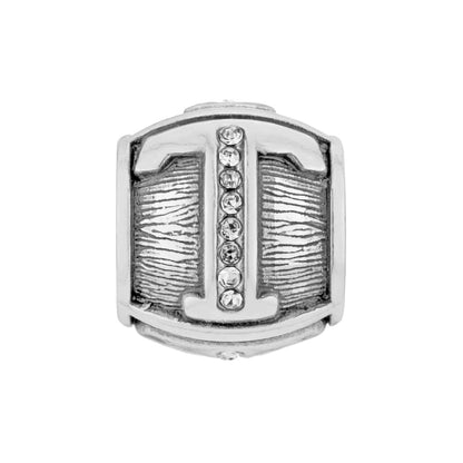 Brighton silver-plated bead charm with crystal-lined center stripe and textured side panels on a white background