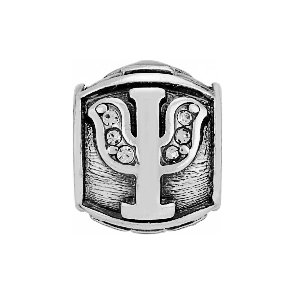 Brighton silver-plated charm bead featuring Greek letter Psi with crystal accents and engraved detailing on a white background